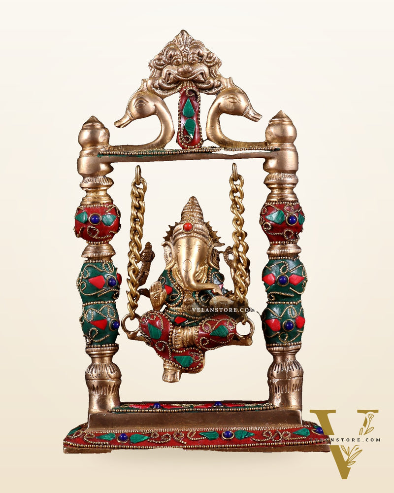 Pure Brass Ganesha on Swing with Floral Stonework – 8 Inch