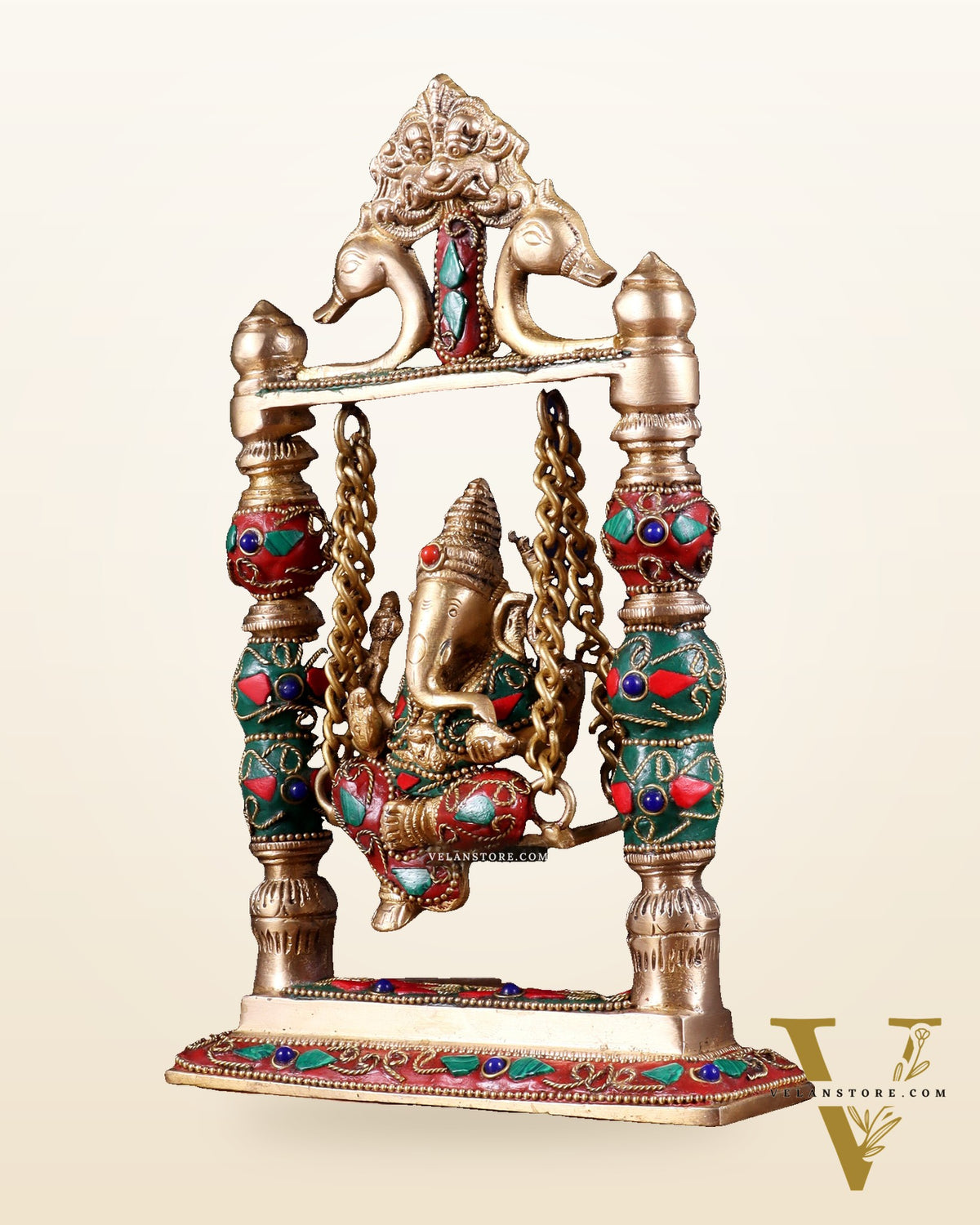 Pure Brass Ganesha on Swing with Floral Stonework – 8 Inch