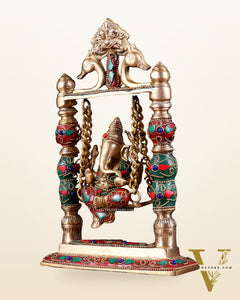 Pure Brass Ganesha on Swing with Floral Stonework – 8 Inch