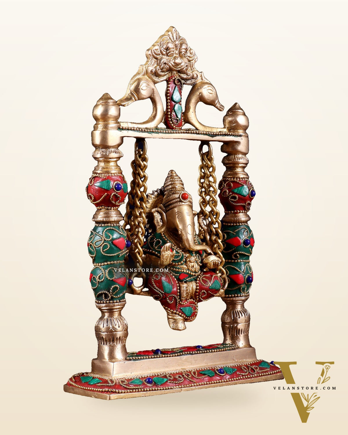 Pure Brass Ganesha on Swing with Floral Stonework – 8 Inch