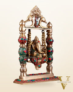 Pure Brass Ganesha on Swing with Floral Stonework – 8 Inch