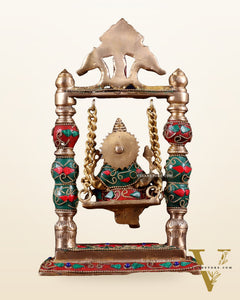 Pure Brass Ganesha on Swing with Floral Stonework – 8 Inch