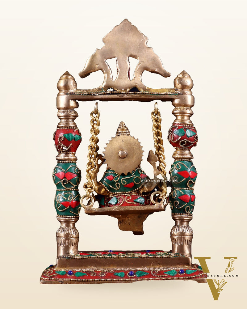 Pure Brass Ganesha on Swing with Floral Stonework – 8 Inch