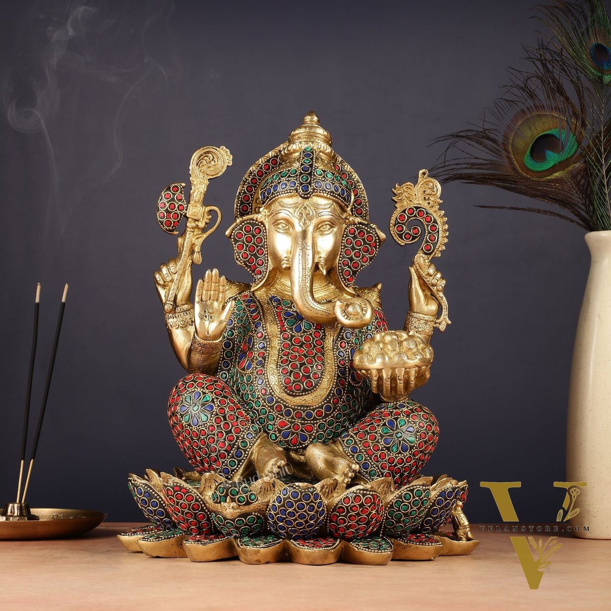 Pure Brass Ganesha Seated on Lotus Idol 11 inch