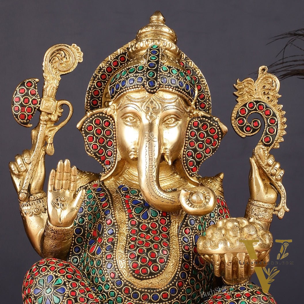 Pure Brass Ganesha Seated on Lotus Idol 11 inch