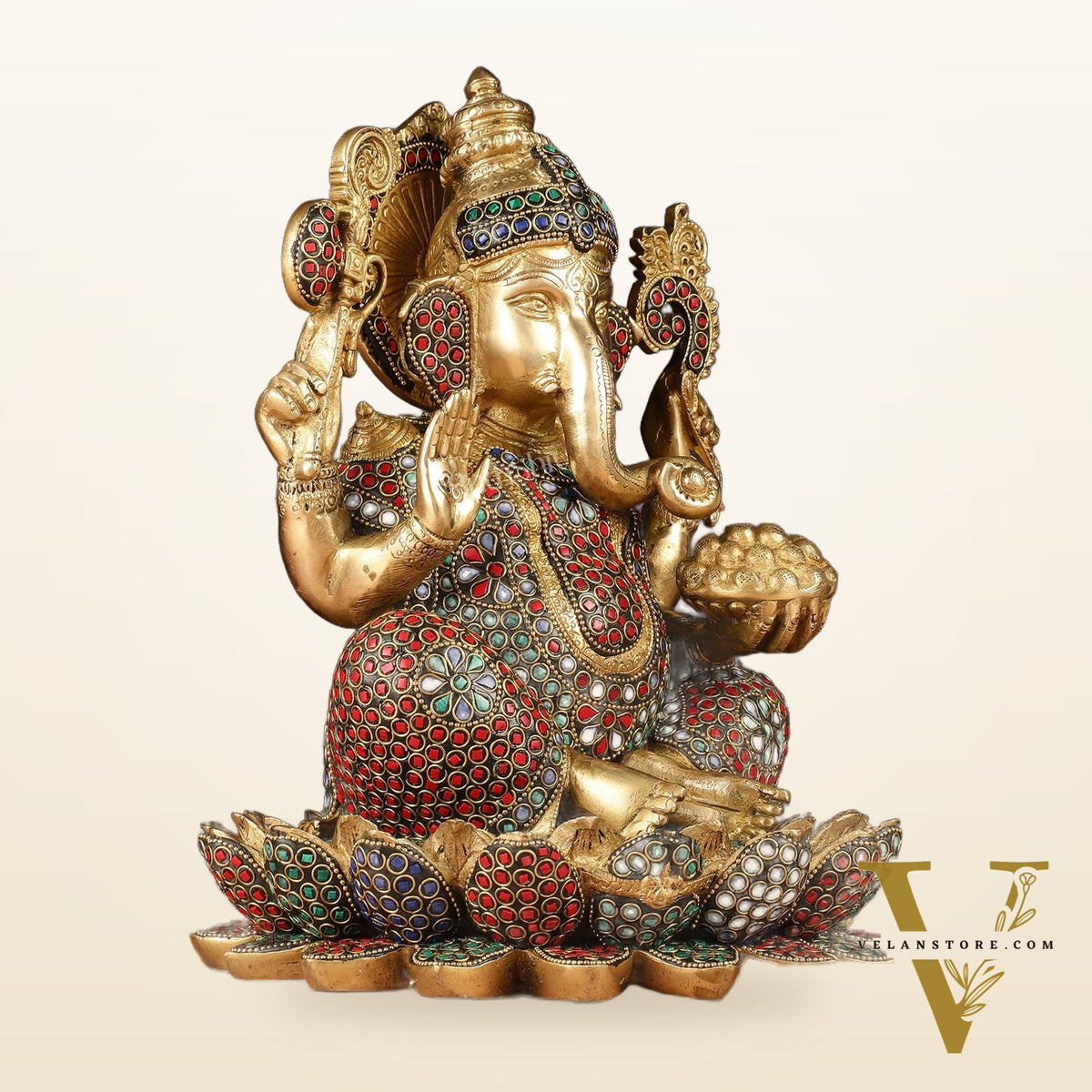 Pure Brass Ganesha Seated on Lotus Idol 11 inch