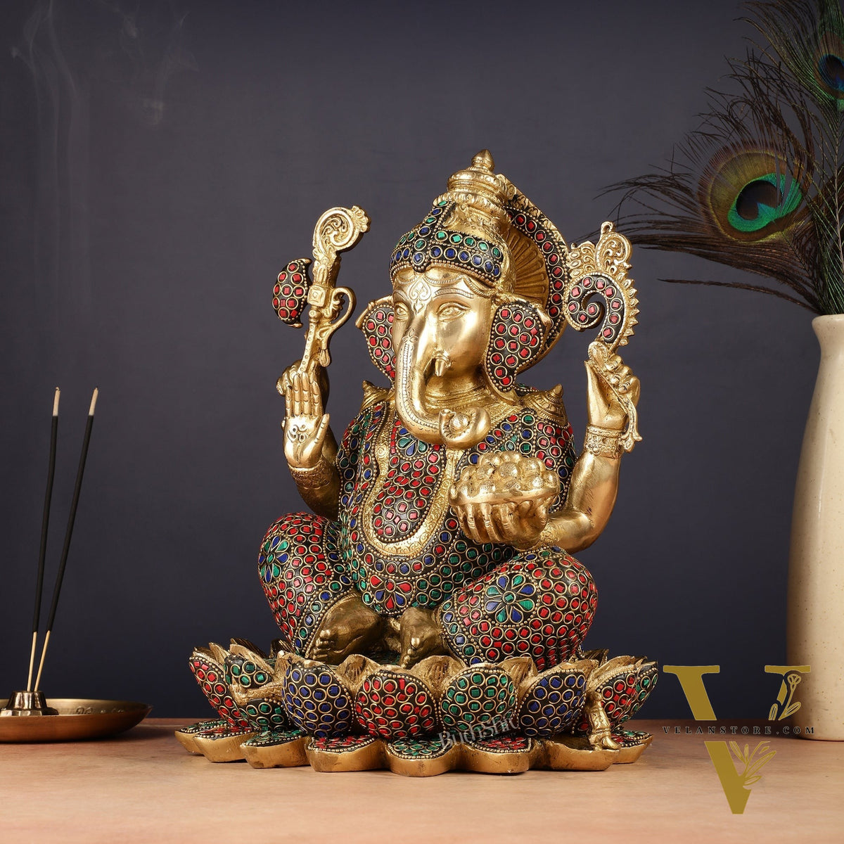 Pure Brass Ganesha Seated on Lotus Idol 11 inch