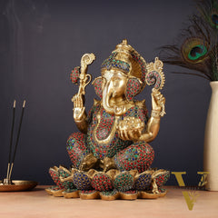 Pure Brass Ganesha Seated on Lotus Idol 11 inch