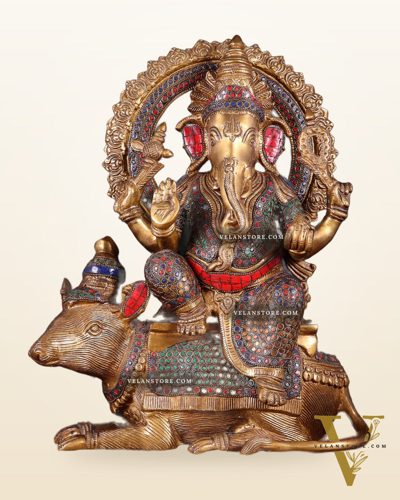 Pure Brass Ganesha sitting on mooshak idol - 16 inch