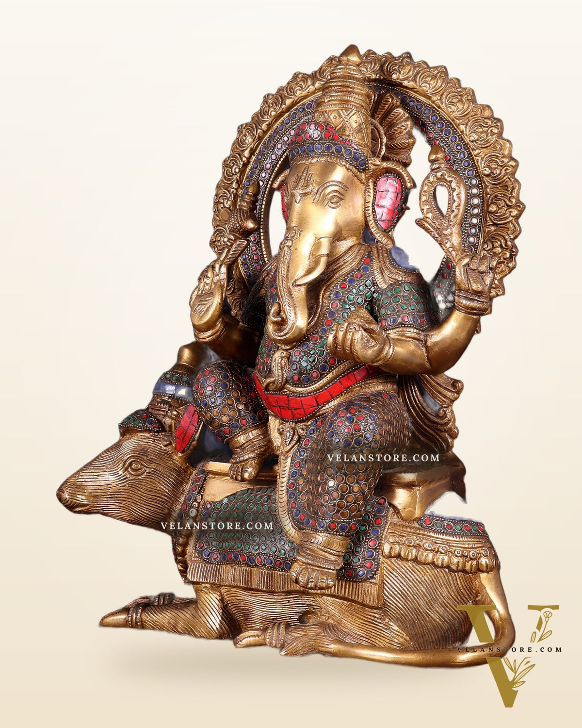 Pure Brass Ganesha sitting on mooshak idol - 16 inch