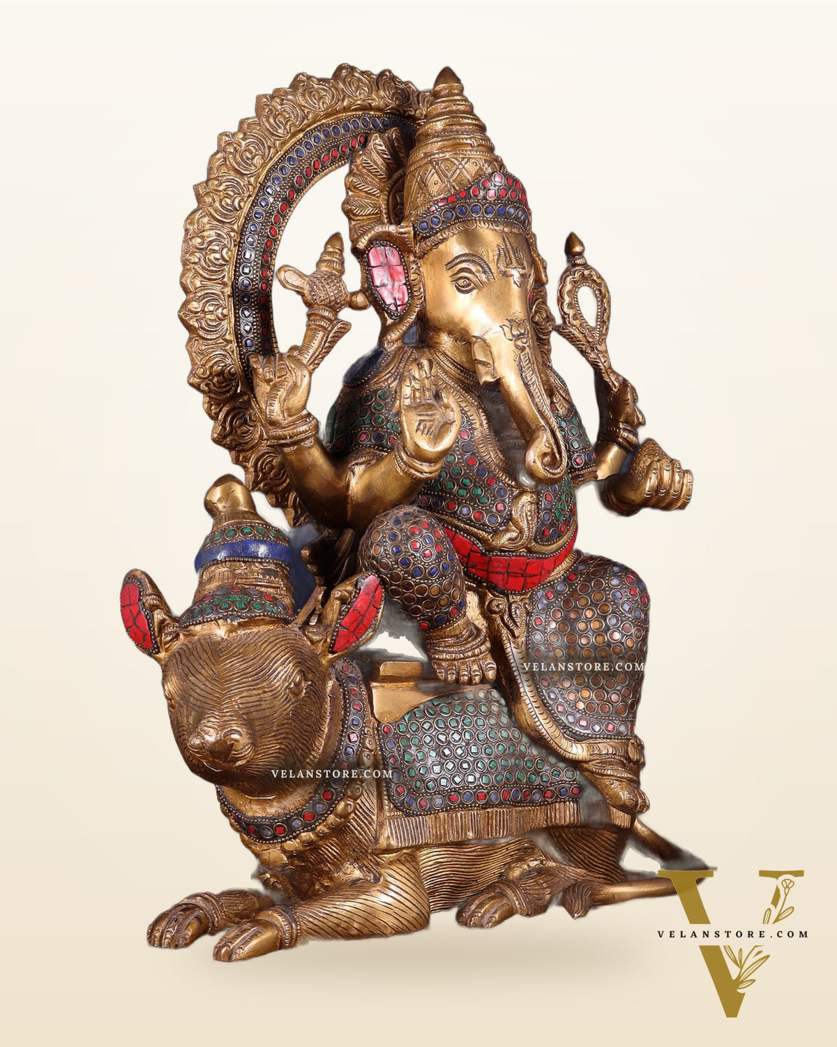 Pure Brass Ganesha sitting on mooshak idol - 16 inch