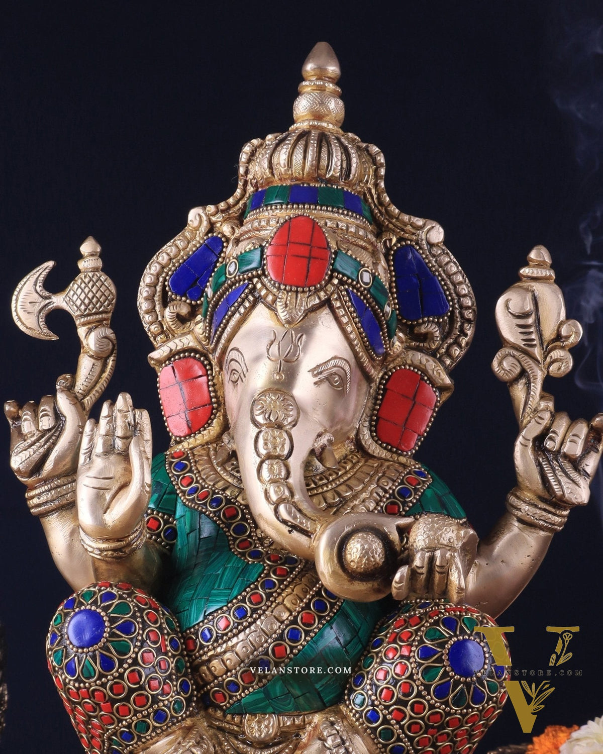Pure Brass Ganesha Statue 12 inch with stonework