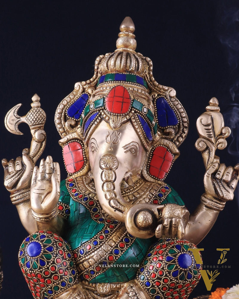 Pure Brass Ganesha Statue 12 inch with stonework