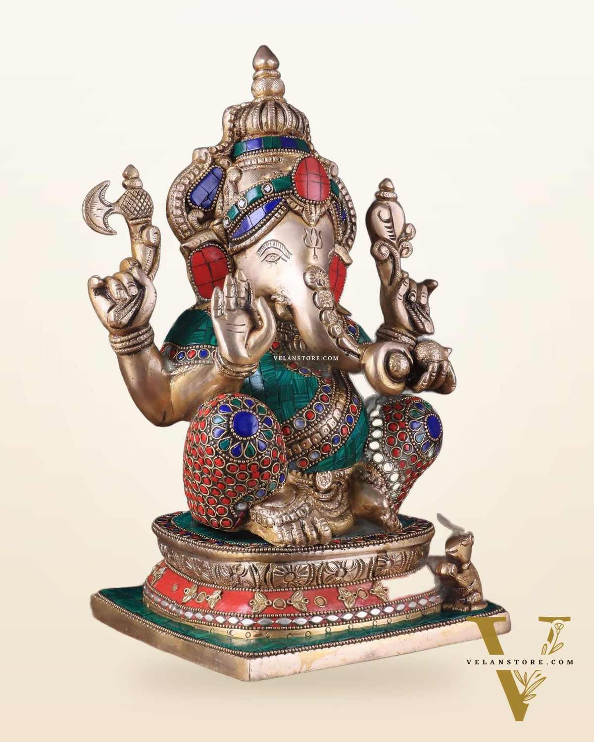 Pure Brass Ganesha Statue 12 inch with stonework