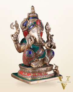 Pure Brass Ganesha Statue 12 inch with stonework