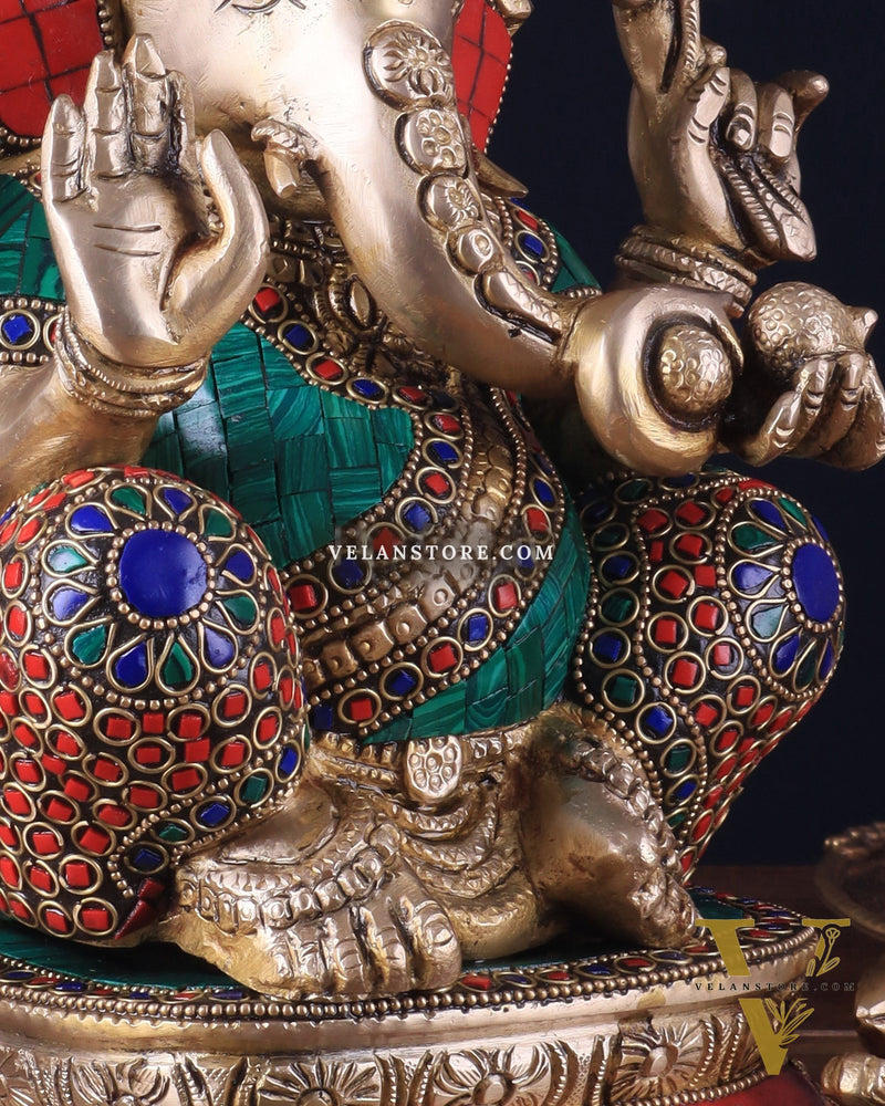 Pure Brass Ganesha Statue 12 inch with stonework