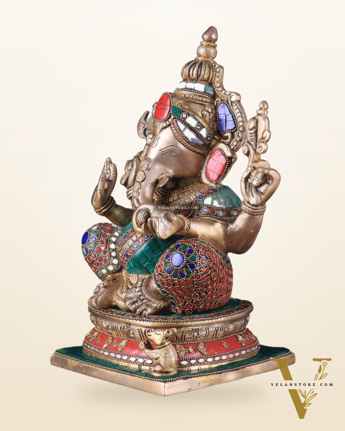 Pure Brass Ganesha Statue 12 inch with stonework