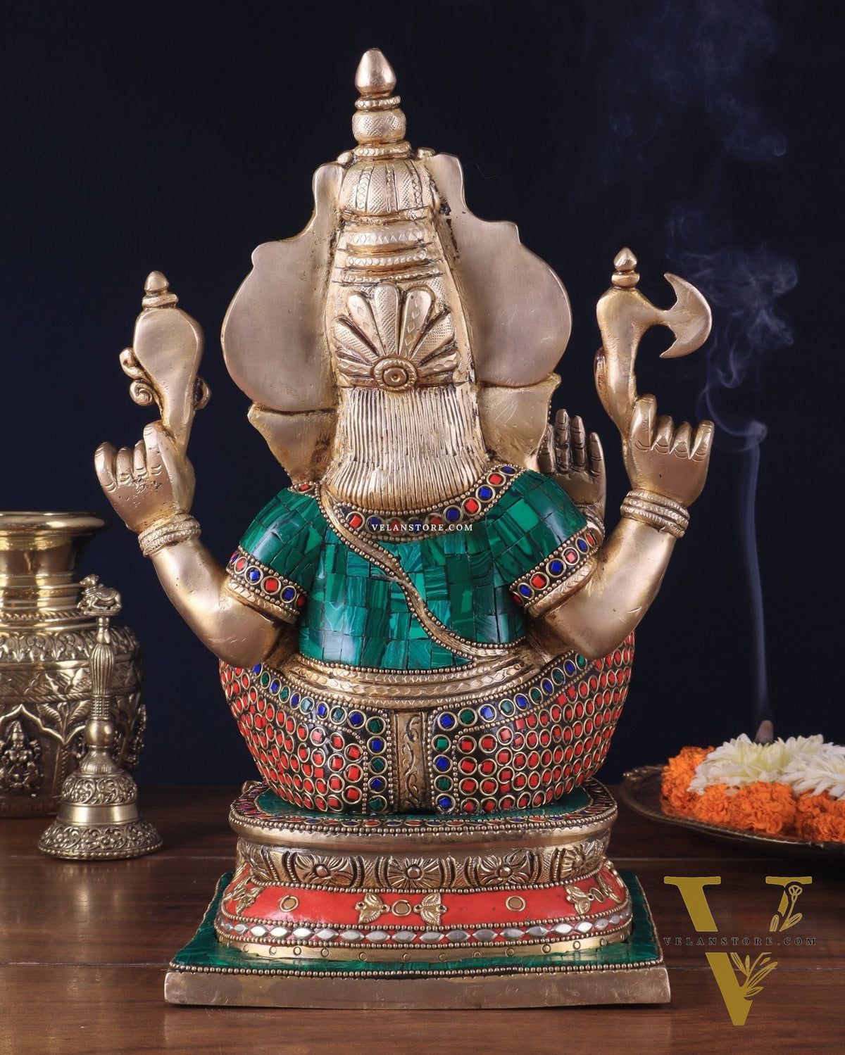 Pure Brass Ganesha Statue 12 inch with stonework
