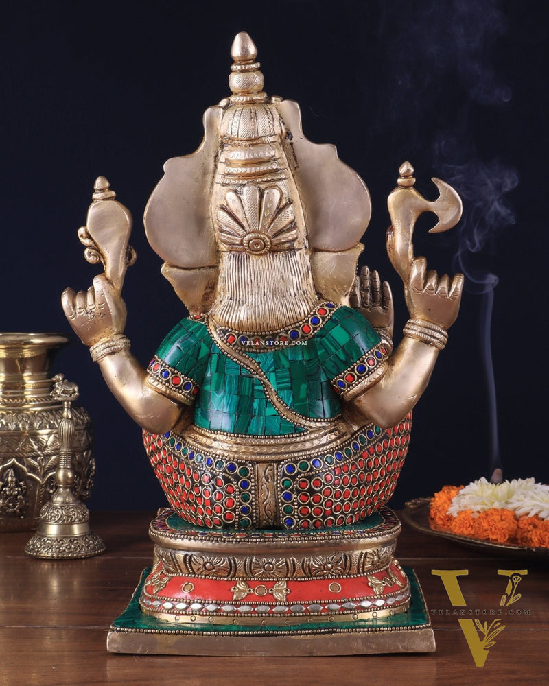 Pure Brass Ganesha Statue 12 inch with stonework