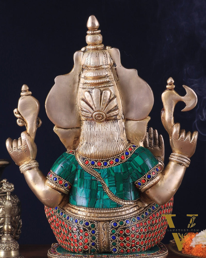 Pure Brass Ganesha Statue 12 inch with stonework