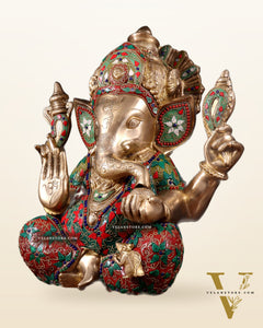 Pure Brass Ganesha Statue meenakari 15"