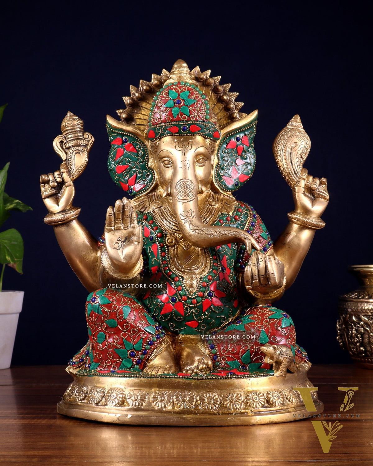 Pure Brass Ganesha Statue with Floral Stonework 12 inch