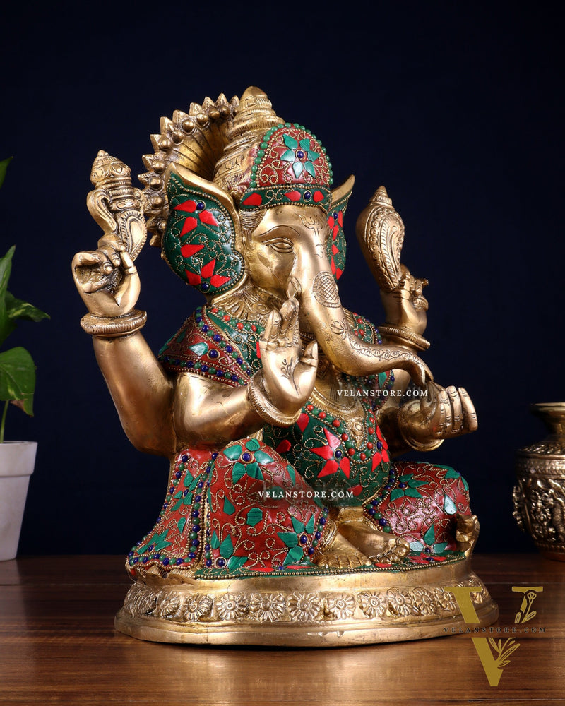 Pure Brass Ganesha Statue with Floral Stonework 12 inch