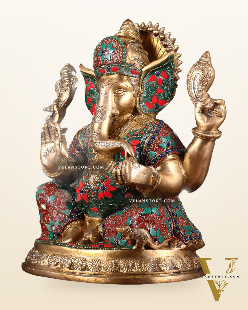 Pure Brass Ganesha Statue with Floral Stonework 12 inch