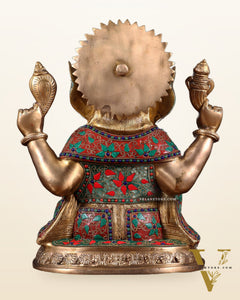 Pure Brass Ganesha Statue with Floral Stonework 12 inch