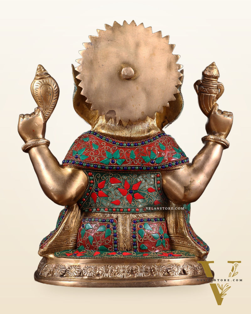 Pure Brass Ganesha Statue with Floral Stonework 12 inch