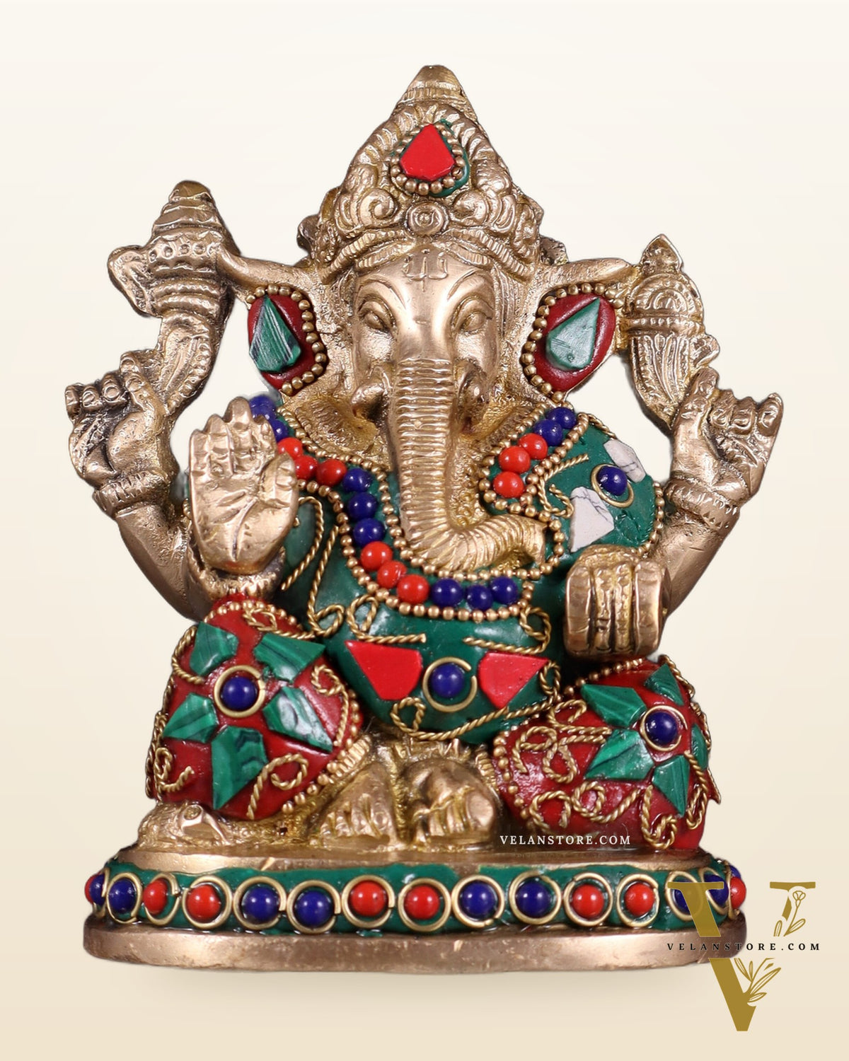Pure Brass Ganesha Statue with Floral Stonework 5"
