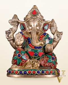 Pure Brass Ganesha Statue with Floral Stonework 5"