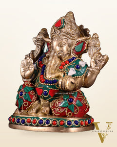 Pure Brass Ganesha Statue with Floral Stonework 5"