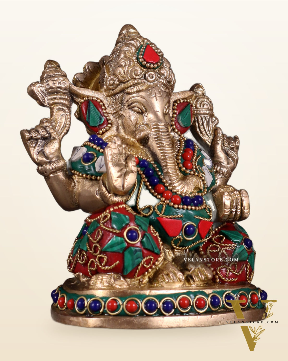 Pure Brass Ganesha Statue with Floral Stonework 5"