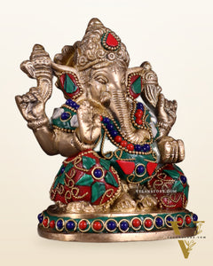 Pure Brass Ganesha Statue with Floral Stonework 5"