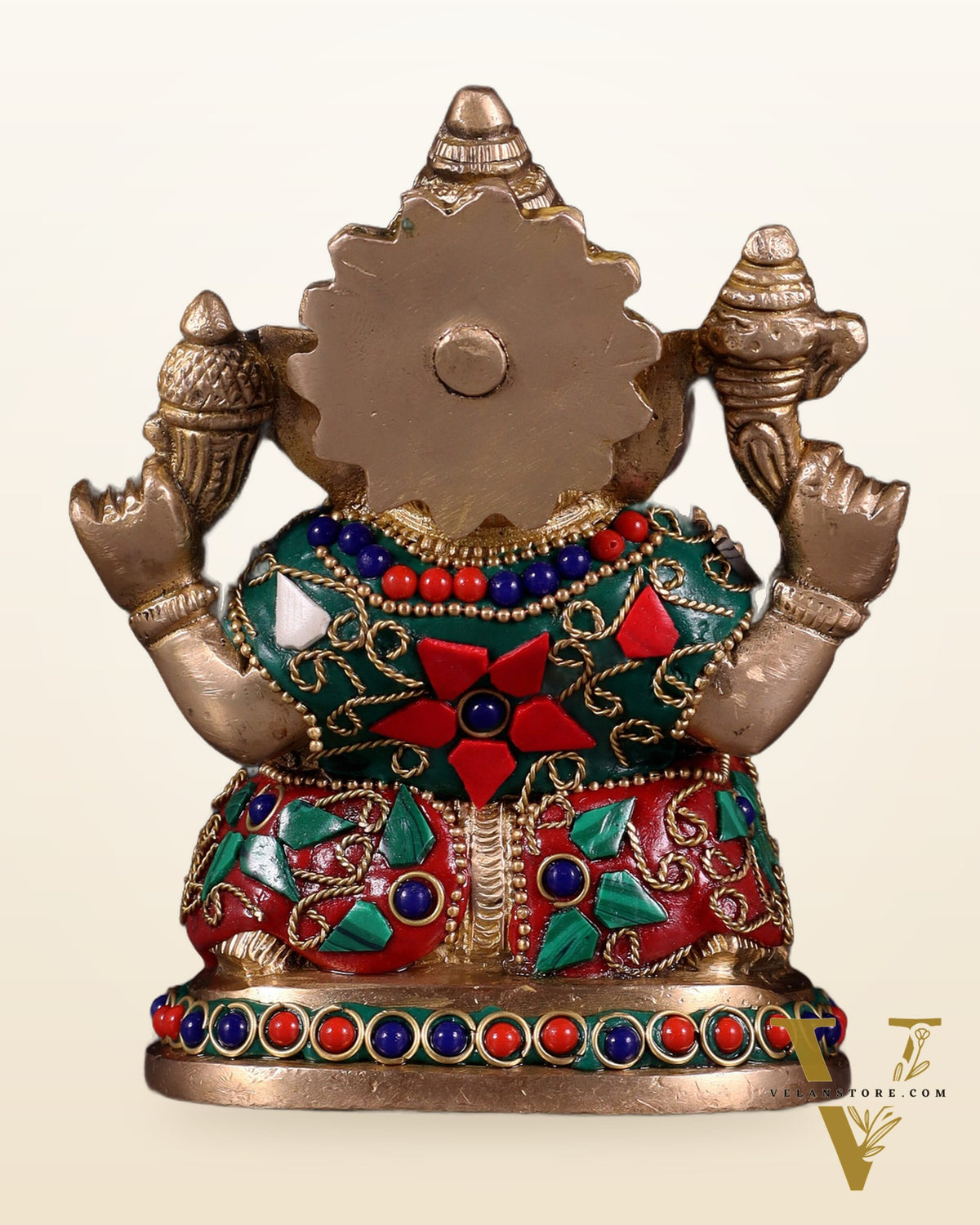 Pure Brass Ganesha Statue with Floral Stonework 5"