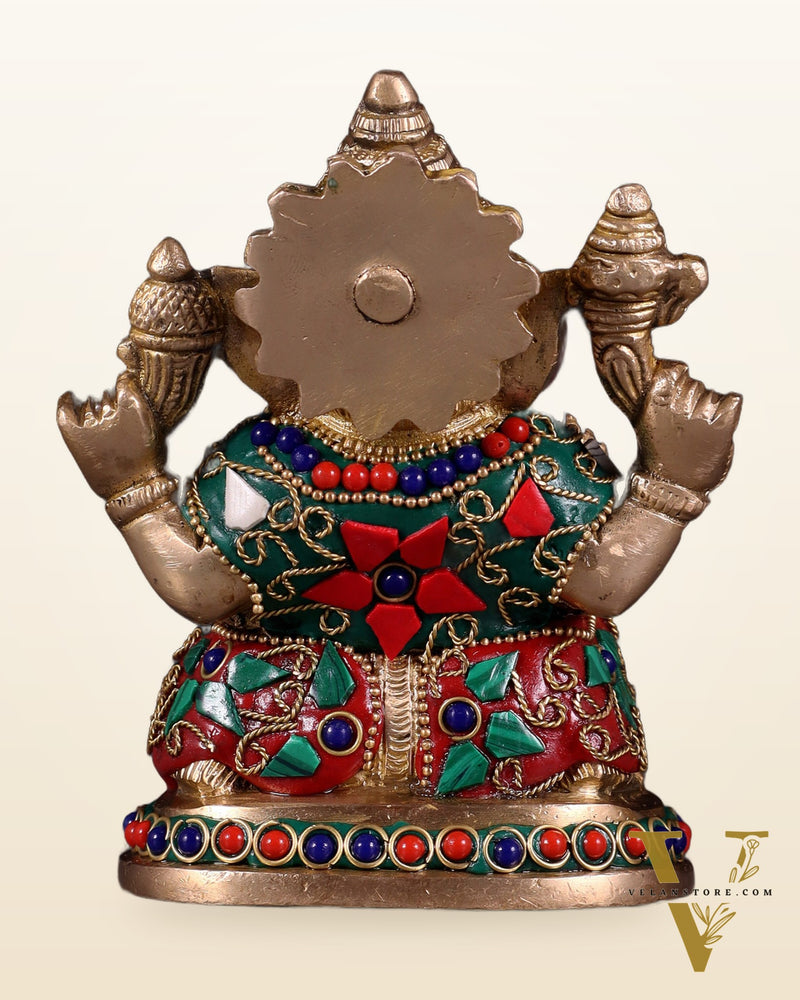 Pure Brass Ganesha Statue with Floral Stonework 5"