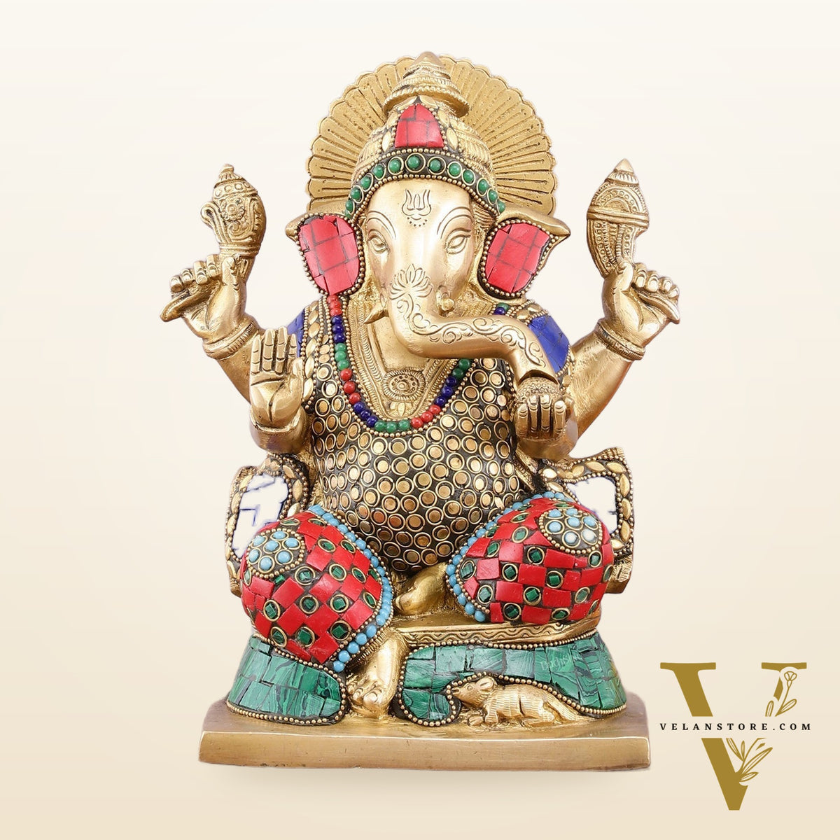 Pure Brass Ganesha Statue with Meenakari – 10 inch