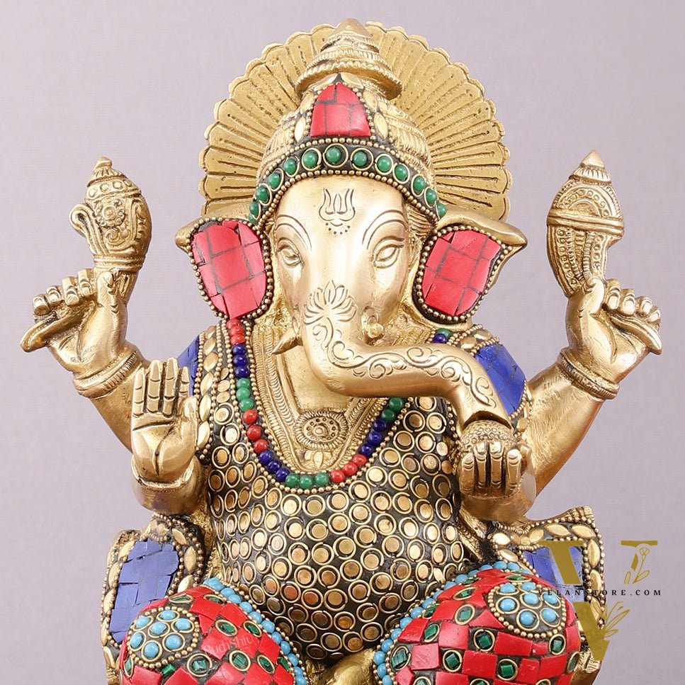 Pure Brass Ganesha Statue with Meenakari – 10 inch