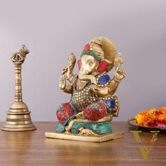 Pure Brass Ganesha Statue with Meenakari – 10 inch
