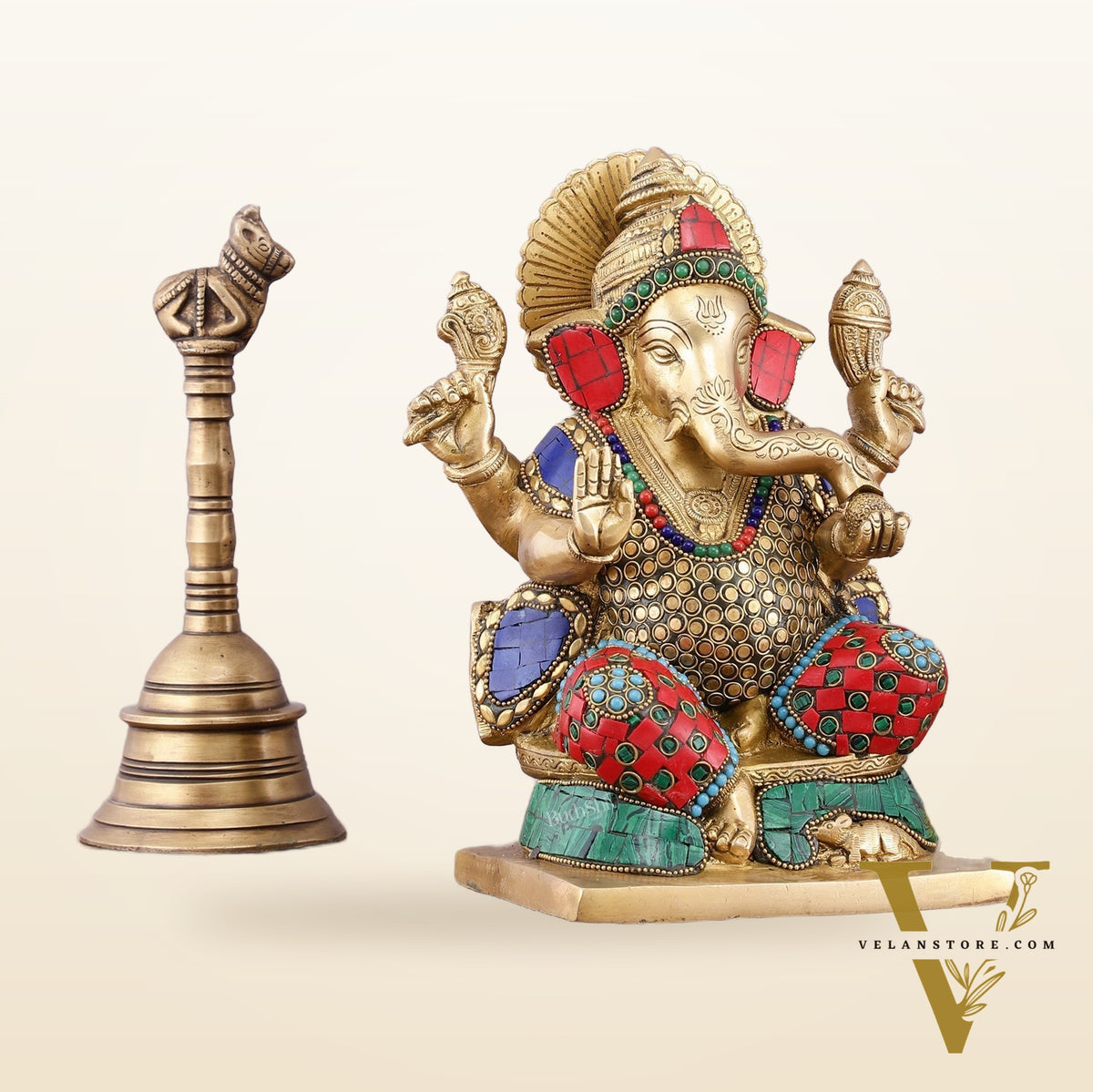 Pure Brass Ganesha Statue with Meenakari – 10 inch