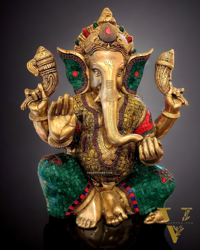Pure Brass Ganesha Statue with Meenakari Stonework 20 inch