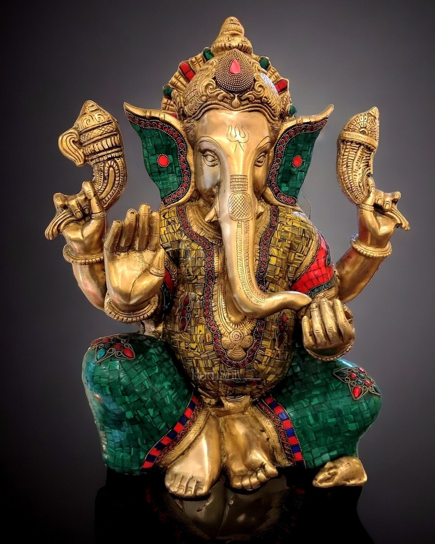 Pure Brass Ganesha Statue with Meenakari Stonework 20 inch