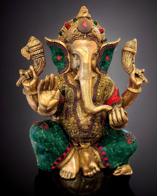 Pure Brass Ganesha Statue with Meenakari Stonework 20 inch