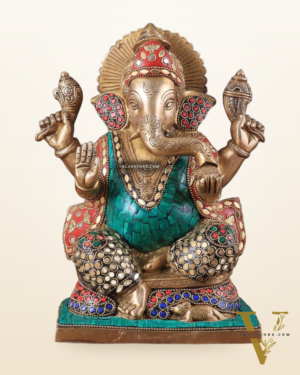 Pure Brass Ganesha Statue with Meenakari Work 10"