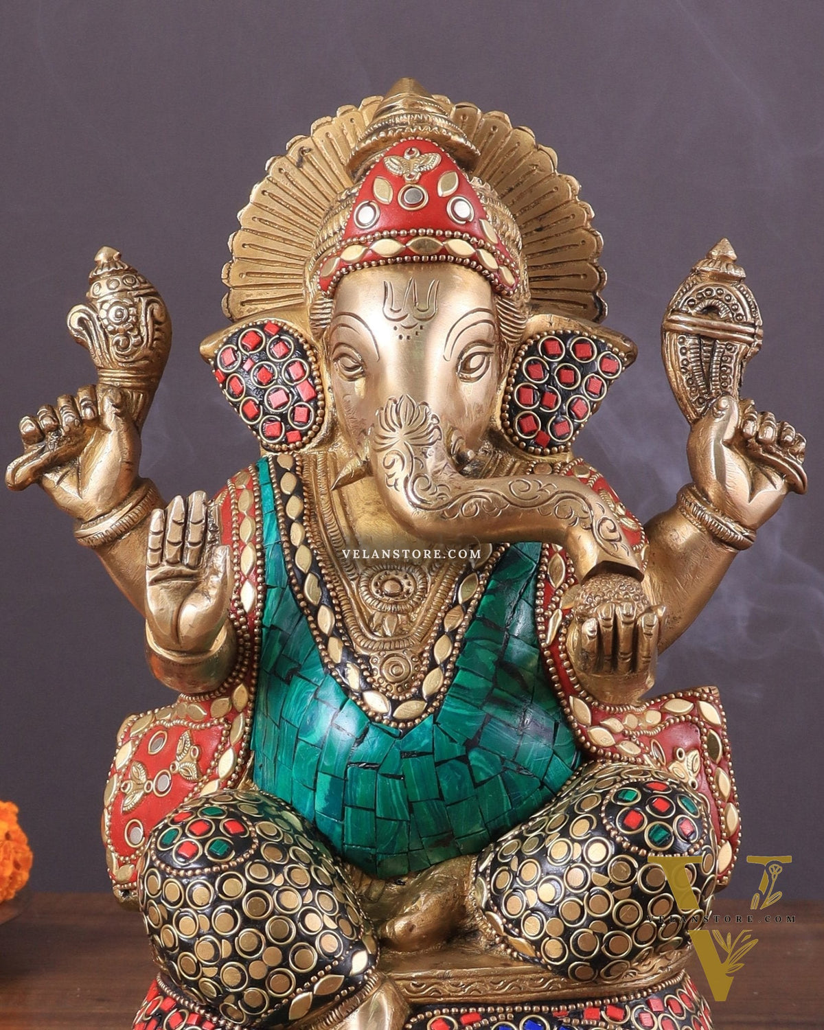 Pure Brass Ganesha Statue with Meenakari Work 10"