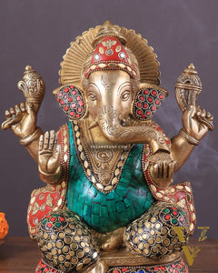Pure Brass Ganesha Statue with Meenakari Work 10"