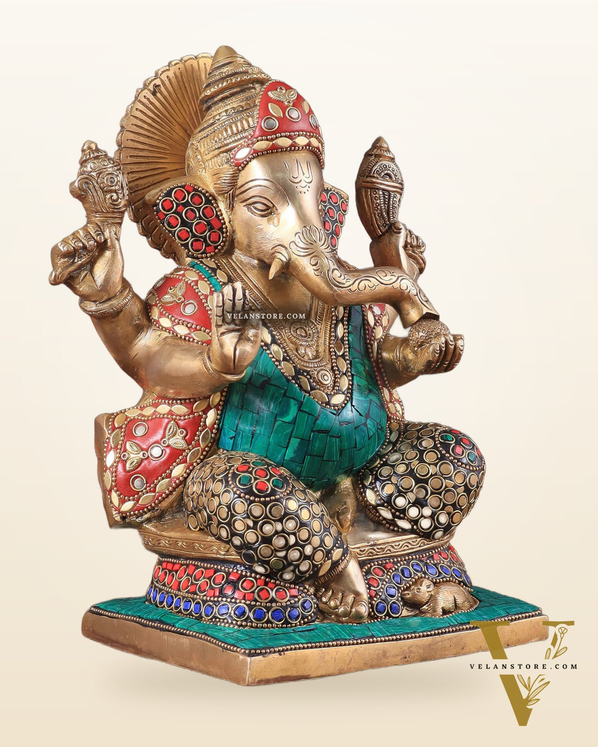 Pure Brass Ganesha Statue with Meenakari Work 10"