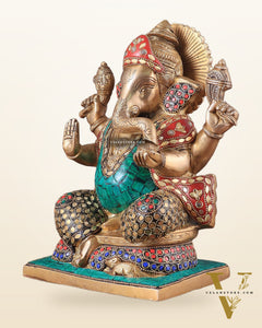 Pure Brass Ganesha Statue with Meenakari Work 10"