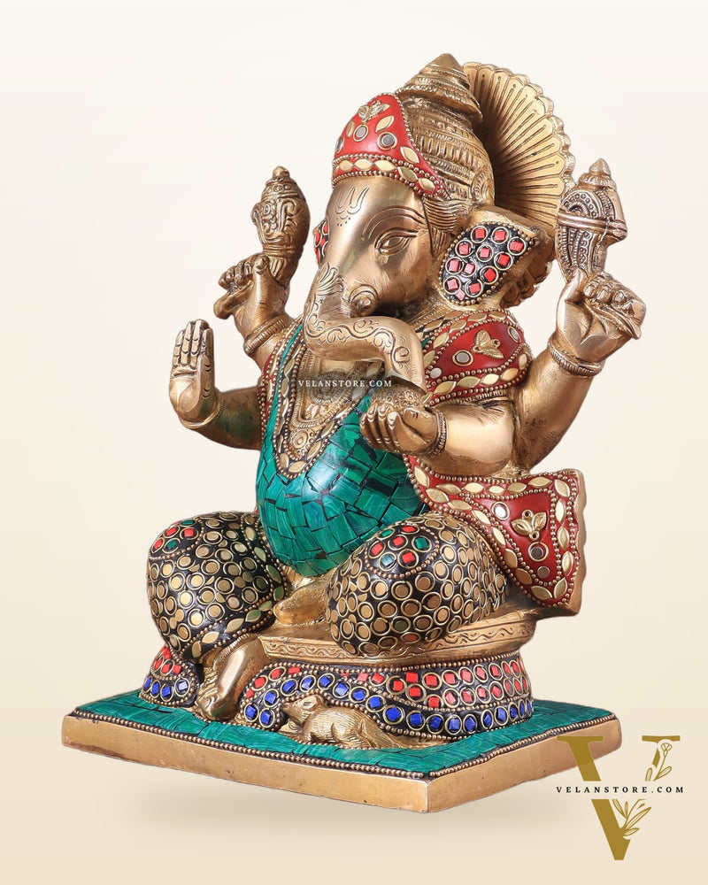 Pure Brass Ganesha Statue with Meenakari Work 10"
